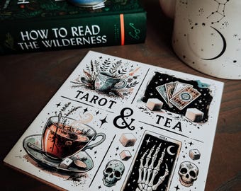 Tea and Tarot tile trivet, witchy tile coaster, kitchen witch, decorative gift, tarot card, teatime, spiritual decor