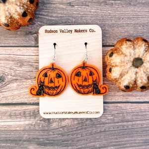 Vintage Halloween Earrings, Black Cat Earrings, Jack O Lantern Acrylic Dangle Earrings, Halloween Jewelry, Pumpkin Statement Earrings