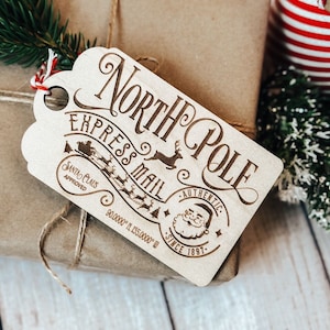 Etiqueta de regalo de Santa, Regalos del Polo Norte para niños, Etiquetas de regalo de Santa, Etiqueta de regalo de entrega del Polo Norte, Adornos de Santa vintage, Adorno de Navidad