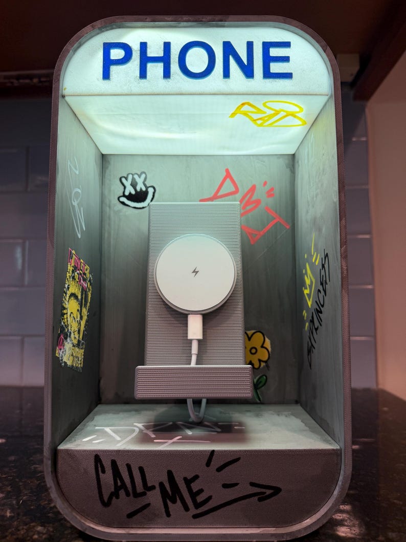 Retro Pay Phone Cellphone Charger and Nightlight, Graffiti Art, MagSafe for iPhone android, vintage payphone charging station, LED light image 2