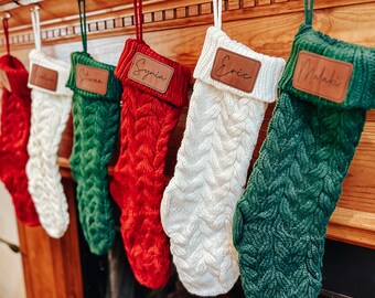 Personalized Cable Knit Stockings for Christmas, Stockings with Leather Patch, Stockings with Name Tags, Knit White Red Green Stockings