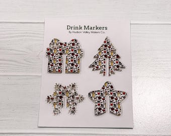Set of Holiday Drink Markers, Fun Festive  Christmas Hosting Gift, Seasonal Kitchen Decor, Holiday Entertaining