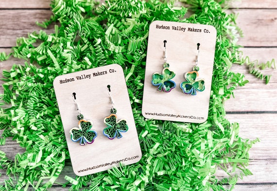 St Patricks Day Earrings Dangle, Green Shamrock Earrings, Four Leaf Clover Earrings, Irish Jewelry, Lucky Irish Earrings, Solid Green & White