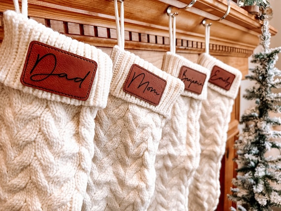 Personalized Cable Knit Stockings for Christmas, Stockings with Leather Patch, Stockings with Names, with Name Tags, Knit White Stockings