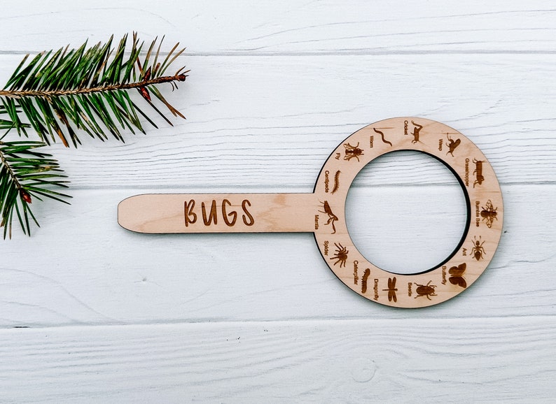 May include: A wooden bug identification tool with a magnifying glass and a handle that says "BUGS". The tool features illustrations of different bugs, including a spider, caterpillar, dragonfly, and beetle.