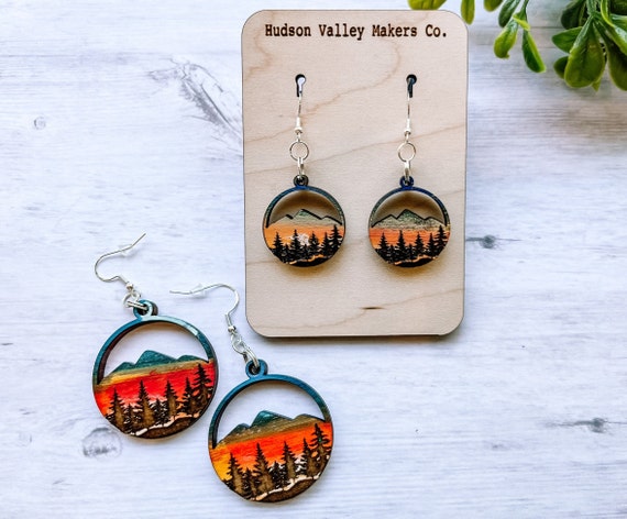 Mountain Scene Wood Earrings, Sunset Forest Earrings, Nature Jewelry, Stocking Stuffer for women, Gifts for teens, Nature Gifts, BOHO Dangle