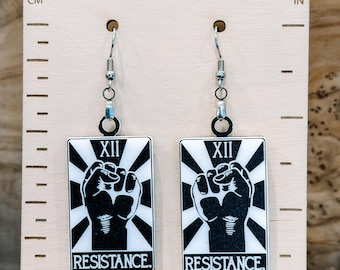 Resistance Tarot Card Earrings, Anti Fascism, RESIST, Raised Fist political protest jewelry, Human Rights, Abolish ICE, fdt, Womens Rights