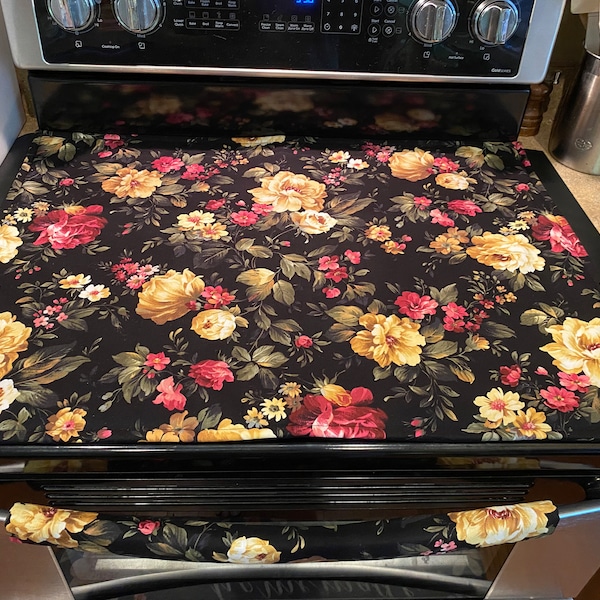 Cottage Rose Stove Top Cover with/without Oven Handle - Protects Your Ceramic Glass Top and Handle - Reversible Quilted Backside