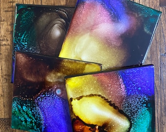 Handmade Ceramic Drink Coasters - Made in Various Themes - Alcohol Ink Art Work - One of the Kind Art Work