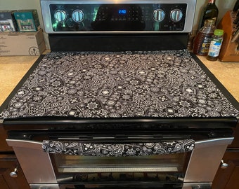 Black Bandana Stove Top Cover with or without Oven Handle that Protects Your Ceramic Glass Top and Handle - Reversible Quilted Backside