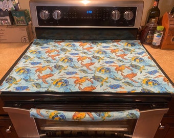 Sea Turtle Stove Top Cover with or without Oven Handle that Protects Your Ceramic Glass Top and Handle - Reversible Quilted Backside