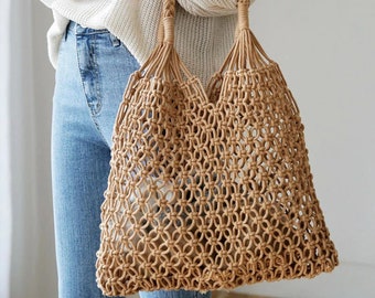 Popular Cotton Rope Hollow Straw Bag Sheer Macrame Tote Bohemian Ultralight Shoulder Bag Net Bag Vintage Retro Chic handbag