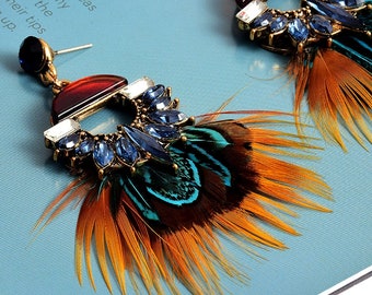 Luxury Crystal Drop Earrings High-Quality Vintage Handmade Feather Earring Jewelry Accessories For Women