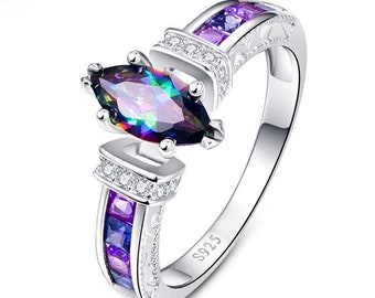 Bague Ringen Silver 925 Ring for Women with oval Rainbow Fire Mystic Topaz Gemstone Silver Jewelry Party Silver Fine Jewellery