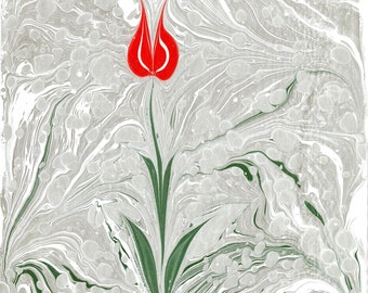Printible Marbling With Red Tulip,Red Tulip Wall Art,Marbling Wall Art,Handmade Ebru Paper,Traditional Turkish Ebru Art,Floral Wall Art