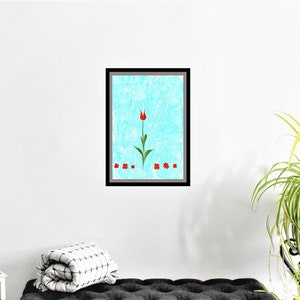 May include: Framed artwork featuring a single red tulip with green stem and leaves on a light blue background.  Four smaller red flowers are at the bottom of the image.