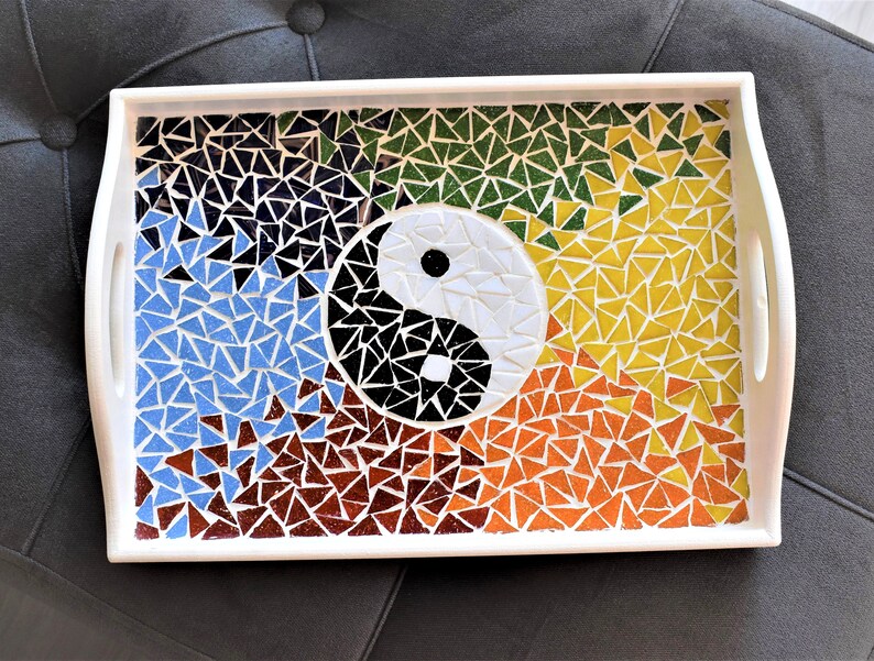 Ying Yang Tray,Handmade Mosaic Serving Tray,Ying Yang Tray,Hand Cut Mosaic Tray,Tray With Ying Yang,Mosaic Art,Spiritual Gift,Mosaic Gift image 3