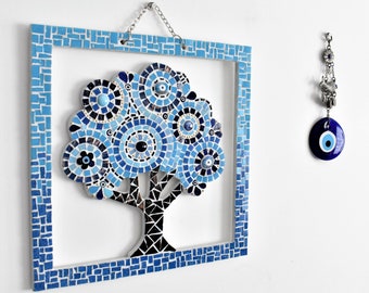 Mosaic Tree Wall Art, Blue Tonal Tiles, Evil Eye Accent, Handcut Frame (39cm x 39cm)