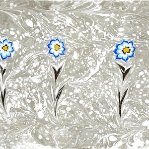 Printible Marbling, Gray Marbling Paper With Blue Flowers, Wall Art,Handmade Ebru Paper,Turkish Ebru Art,Flower Marbling Paper, Marble Art