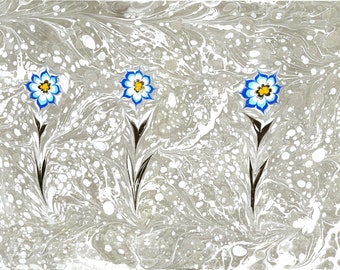 Printible Marbling, Gray Marbling Paper With Blue Flowers, Wall Art,Handmade Ebru Paper,Turkish Ebru Art,Flower Marbling Paper, Marble Art