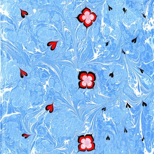 Printible Marbling, Handmade Marbling  Paper,Turkish Ebru Art,Blue Marbling Paper With Flower,Heart Marbling Paper,Marbling Wall Painting