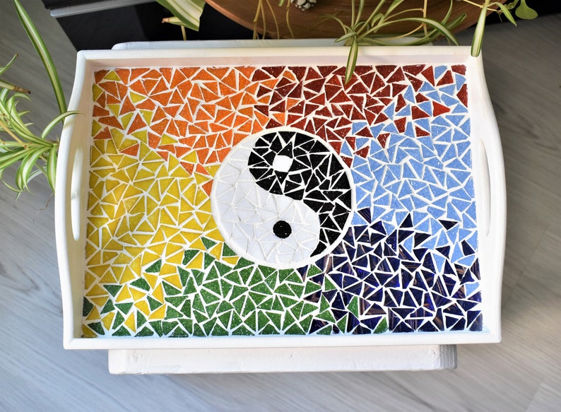 Ying Yang Tray,Handmade Mosaic Serving Tray,Ying Yang Tray,Hand Cut Mosaic Tray,Tray With Ying Yang,Mosaic Art,Spiritual Gift,Mosaic Gift image 1