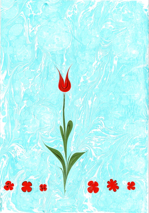 Printible Marbling, Red Tulip Wall Art, Marbling Paper With Red Tulip,Marbling Wall Art,Handmade Ebru Paper,Turkish Ebru Art,Floral Wall Art
