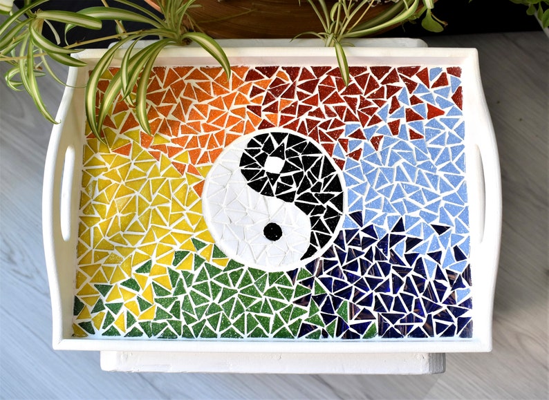 Ying Yang Tray,Handmade Mosaic Serving Tray,Ying Yang Tray,Hand Cut Mosaic Tray,Tray With Ying Yang,Mosaic Art,Spiritual Gift,Mosaic Gift image 6