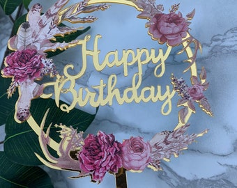 Elegant Floral Happy Birthday Acrylic Cake Topper / UK Seller