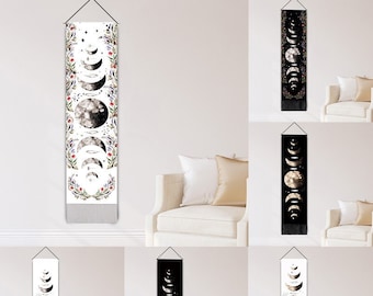 Tapiz de fase lunar, tapiz de eclipse lunar, colgante de pared lunar, decoración de pared lunar, arte de pared lunar, tapiz boho largo, tapiz blanco y negro