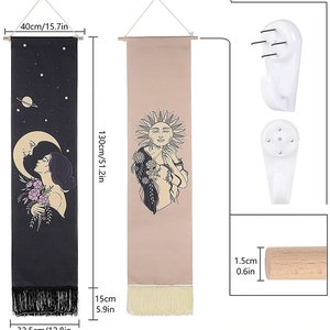May include: Two wall tapestries with a black and white moon and a woman with flowers and a beige tapestry with a sun and a woman with flowers. The tapestries are 51.2 inches tall and 12.8 inches wide. The tapestries are hanging from a wooden dowel rod with a tassel fringe at the bottom.
