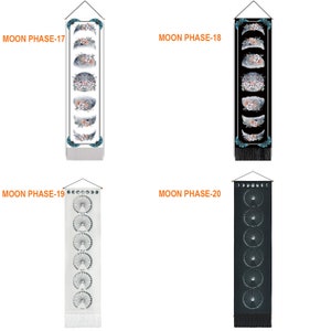 Pode incluir: Quatro tape&ccedil;arias de parede em preto e branco com fases da lua e desenhos florais. O texto "MOON PHASE-17", "MOON PHASE-18", "MOON PHASE-19" e "MOON PHASE-20" est&aacute; impresso em cada tape&ccedil;aria.