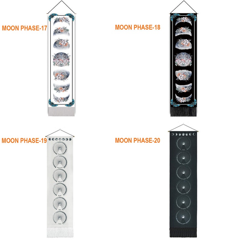 Pode incluir: Quatro tape&ccedil;arias de parede em preto e branco com fases da lua e desenhos florais. O texto "MOON PHASE-17", "MOON PHASE-18", "MOON PHASE-19" e "MOON PHASE-20" est&aacute; impresso em cada tape&ccedil;aria.