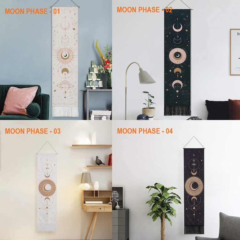 Pode incluir: Quatro tape&ccedil;arias de parede diferentes com fases da lua e designs celestiais. As tape&ccedil;arias est&atilde;o penduradas em paredes brancas em diferentes quartos. As tape&ccedil;arias s&atilde;o todas retangulares e t&ecirc;m uma franja na parte inferior. As tape&ccedil;arias s&atilde;o todas de cores diferentes, incluindo preto, branco e bege.