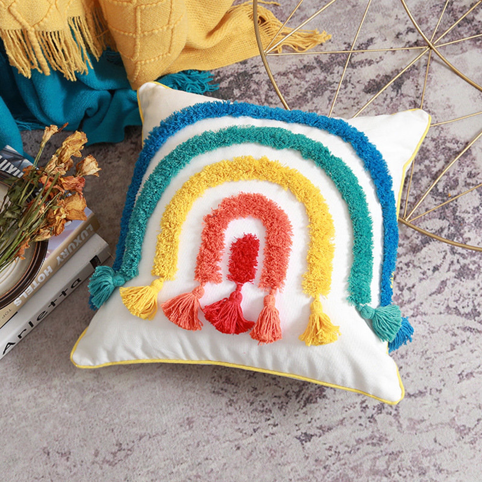 Rainbow Decorative Throw Pillow Cover with Tassels Woven Etsy