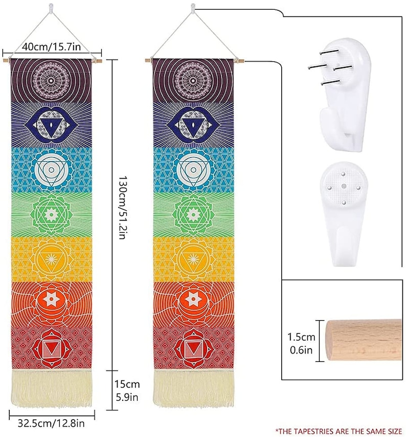 May include: A set of two colorful wall tapestries featuring the seven chakras. Each tapestry is 51.2 inches tall and 12.8 inches wide. The tapestries are made of fabric and have a fringe at the bottom. The tapestries are hung on a wall with a wooden dowel rod and come with two white wall hooks.