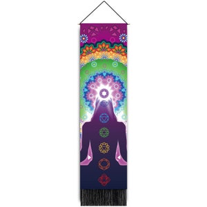 May include: A colorful tapestry featuring a silhouette of a person in a meditative pose with seven chakras represented by colorful symbols. The tapestry has a mandala design at the top and a fringe at the bottom.