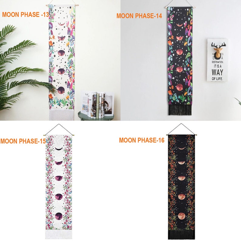 Pode incluir: Quatro tape&ccedil;arias de parede com diferentes fases da lua, cada uma com um fundo preto e um contorno branco da lua. As tape&ccedil;arias s&atilde;o decoradas com padr&otilde;es florais e t&ecirc;m franjas na parte inferior. O texto "MOON PHASE-13", "MOON PHASE-14", "MOON PHASE-15" e "MOON PHASE-16" est&aacute; impresso na parte superior de cada tape&ccedil;aria.