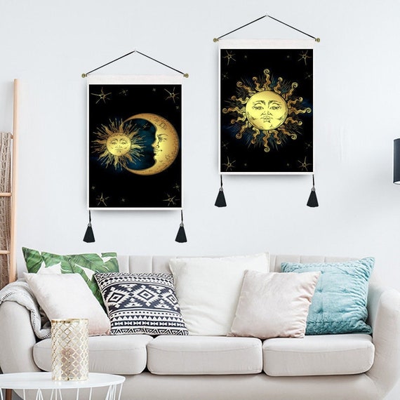 Golden Moon Sun Tapestry Wall Hanging Wall Tapestry Moon Wall Art Burning Sun Wall Art Wall Decor Xmas Gifts Etsy