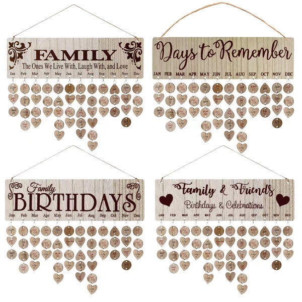 Calendario di compleanno in legno personalizzato, calendario familiare, cartelli in legno per promemoria compleanno, placca segnaposto per compleanno da appendere a parete con etichette