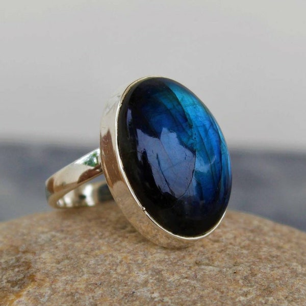Anello ovale in labradorite blu naturale, argento sterling, gioielli con pietre preziose da 16 x 20 mm