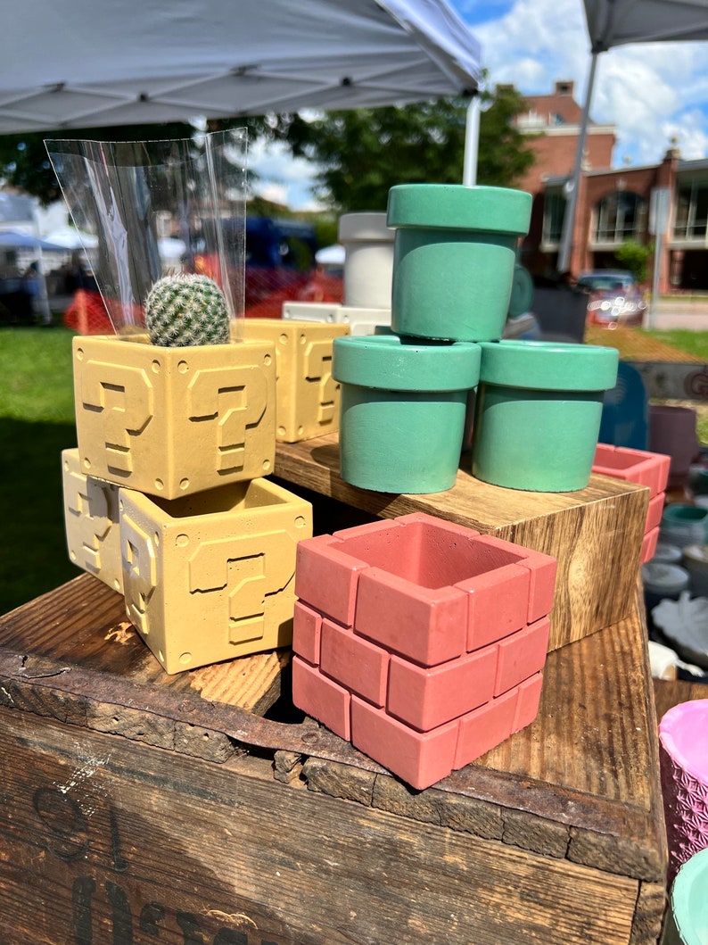 Super Mario Planter Color Gamer Succulent Planters Concrete Warp Pipe Planter Brick Block Planter Question Mark Block Note Block image 10