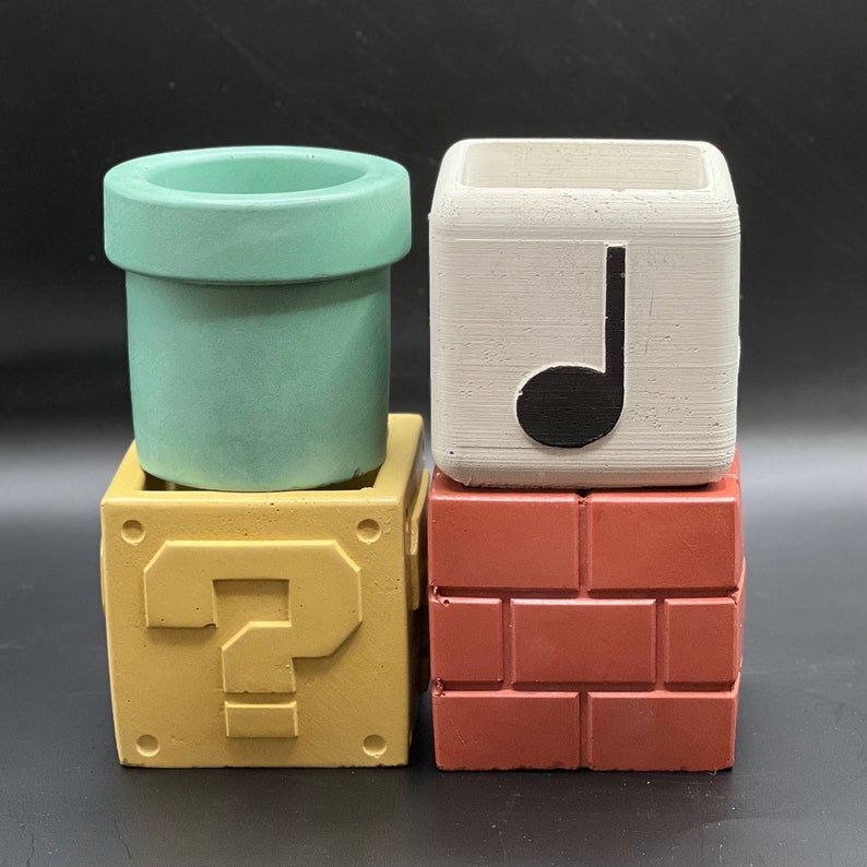 Super Mario Planter Color Gamer Succulent Planters Concrete Warp Pipe Planter Brick Block Planter Question Mark Block Note Block image 1