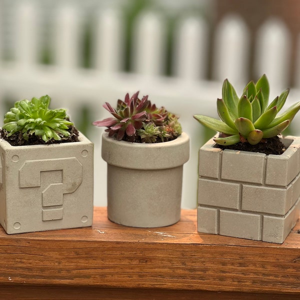 Concrete Super Mario Planter | Gamer Succulent Planters Concrete | Warp Pipe Planter | Brick Block | Question Mark Block | Gamer Gift