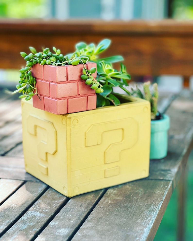 Super Mario Planter Color Gamer Succulent Planters Concrete Warp Pipe Planter Brick Block Planter Question Mark Block Note Block image 9