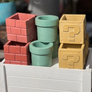 Super Mario Planter Color Gamer Succulent Planters Concrete Warp Pipe Planter Brick Block Planter Question Mark Block Note Block image 2