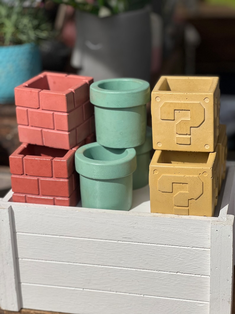 Super Mario Planter Color Gamer Succulent Planters Concrete Warp Pipe Planter Brick Block Planter Question Mark Block Note Block image 2