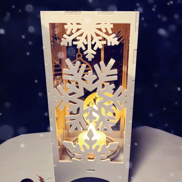 Cozy Christmas lantern, candle light, tea light, 3 x SNOWFLAKES.