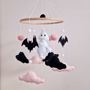 Halloween nursery decor, personalized baby mobile, bat, ghost nursery mobile, pink and white newborn accessories, bat mobile, goth baby gift