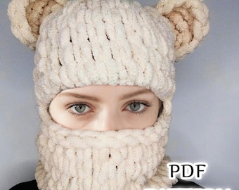 Hand Knitted Bear Balaclava Pattern, Alize Puffy Winter Hat (PDF Pattern)
